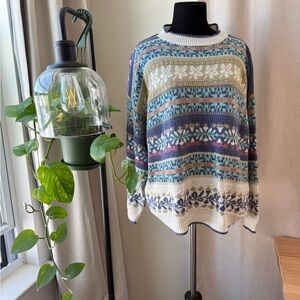 vintage 80s wide roll neck knit crewneck sweater in a colorful patterned design